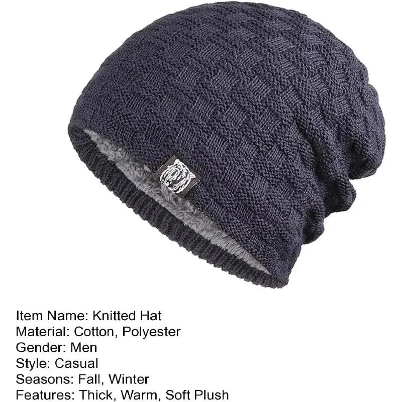 Dark charcoal grey knitted beanie hat with a textured pattern and a warm, soft grey plush fleece lining.
