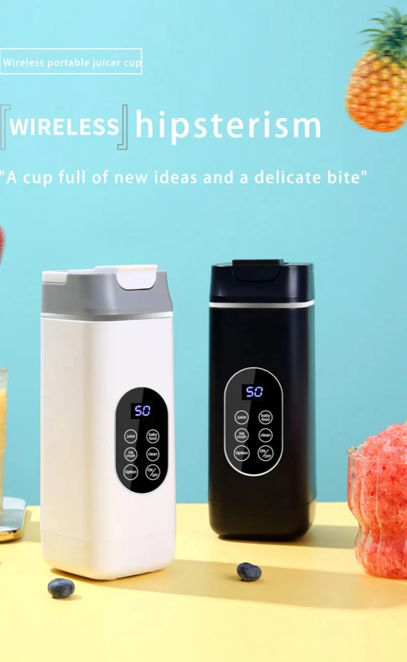White and black portable wireless juicer cups with digital displays and control buttons on a light blue background.