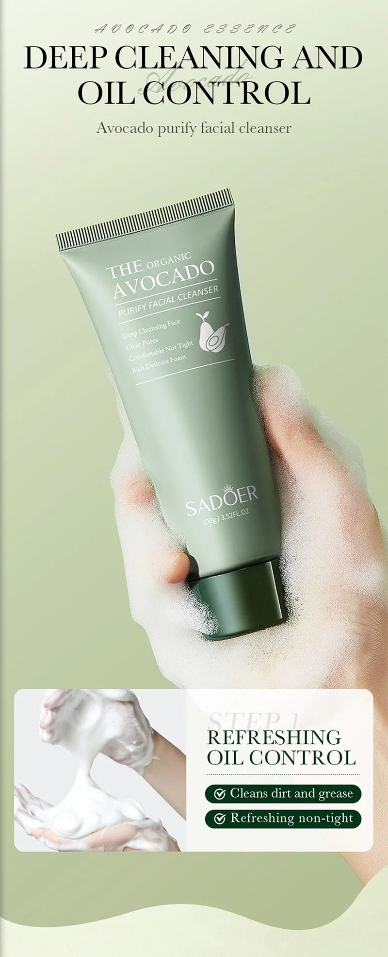 Green tube of avocado purifying facial cleanser for deep cleaning and oil control in a foamy, non-tight formula.