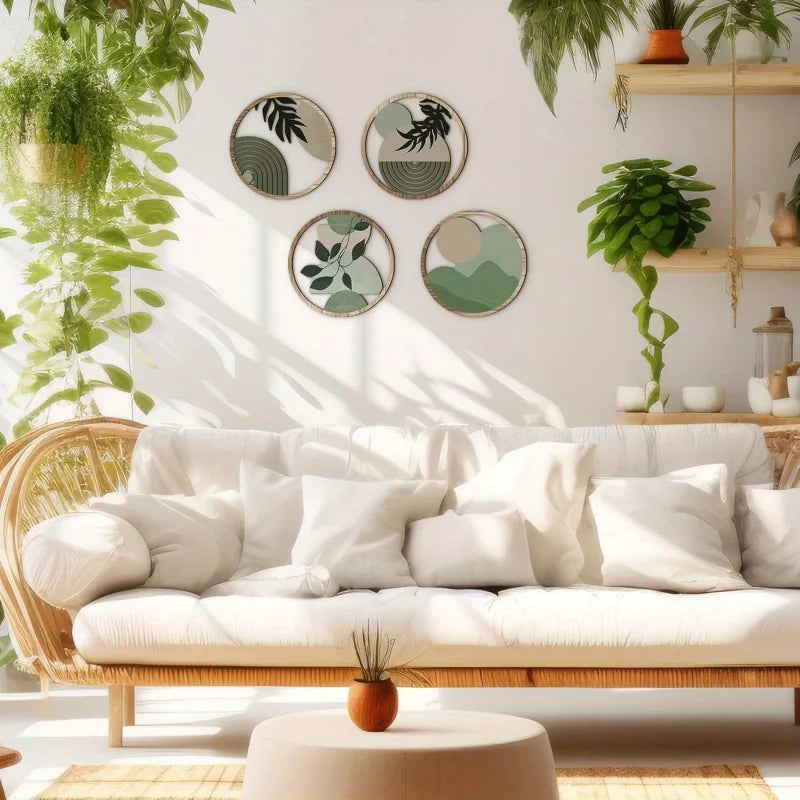 Set of four circular wooden wall art pieces featuring sage green abstract botanical designs and geometric shapes.