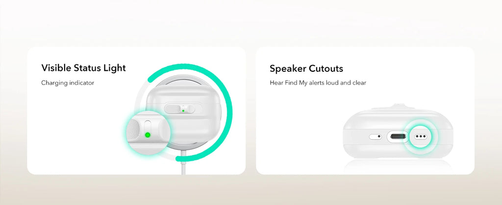 White protective AirPods Pro 2 case featuring status light visibility and speaker cutouts for Find My alerts.