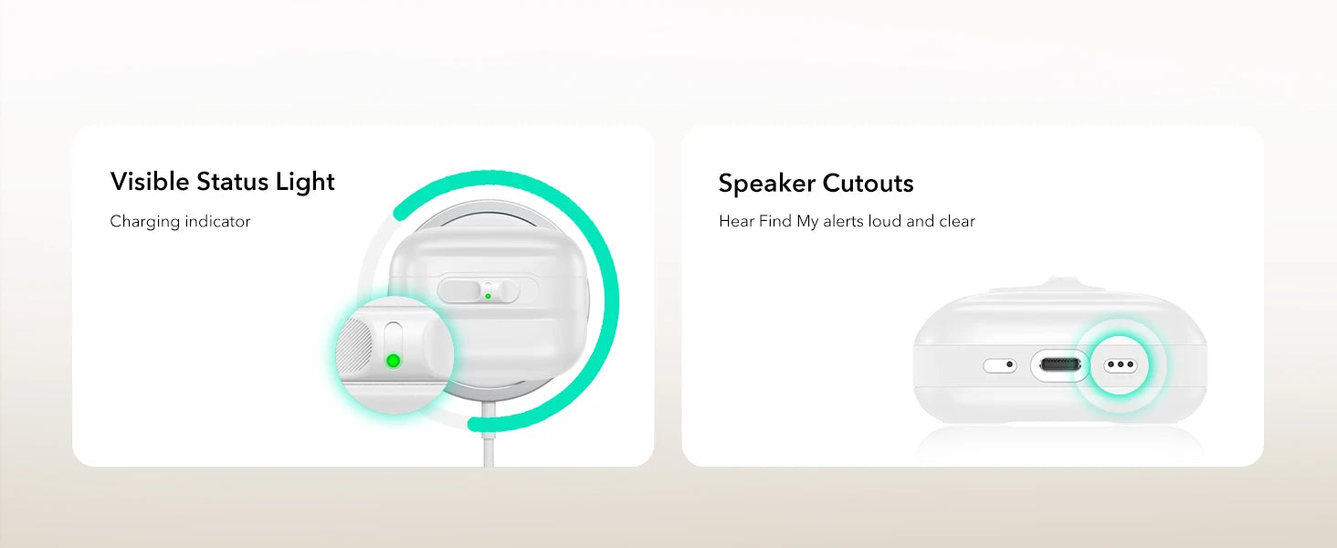 White protective AirPods Pro 2 case featuring status light visibility and speaker cutouts for Find My alerts.