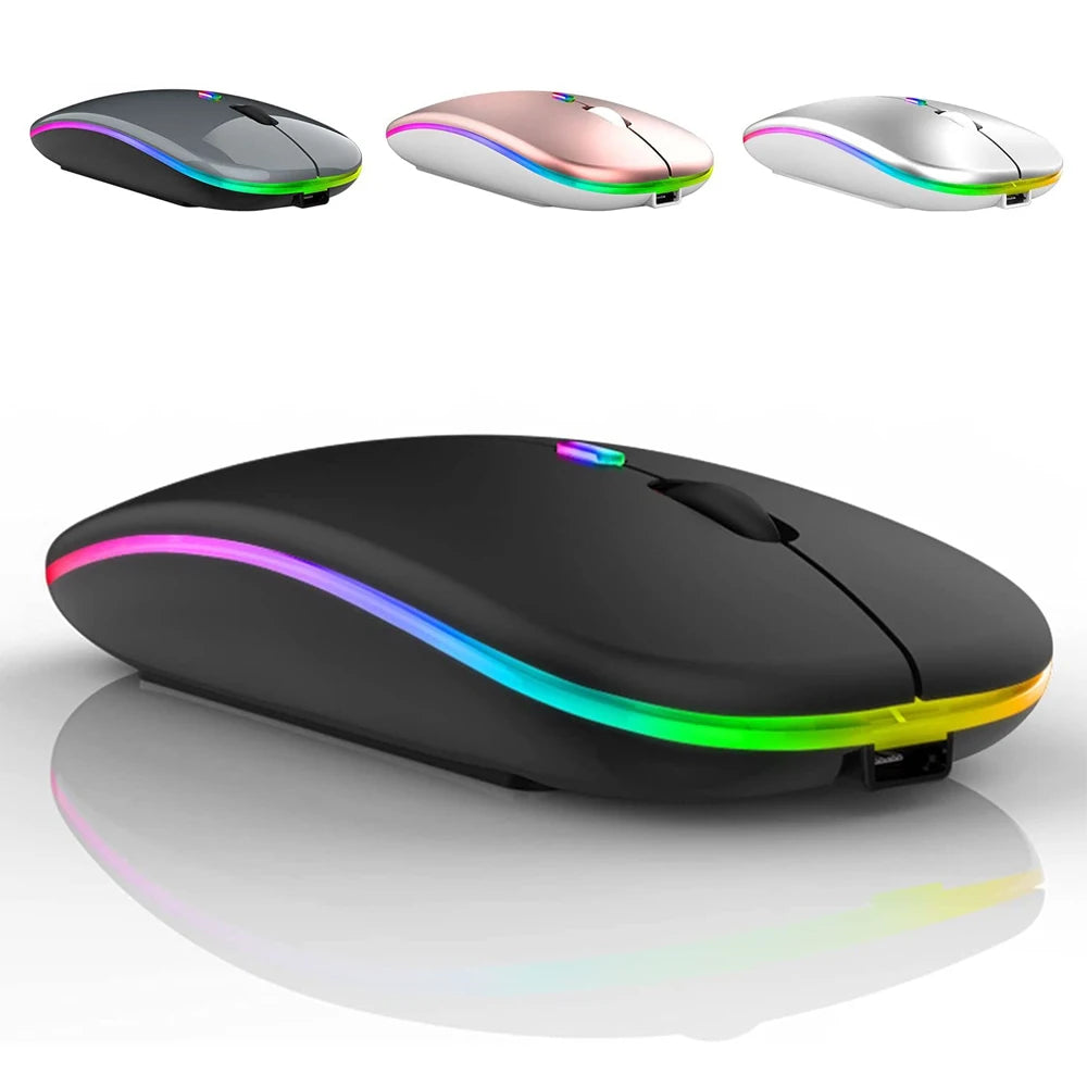 Slim wireless ergonomic mouse in black, grey, rose gold, or silver with glowing RGB light strips.