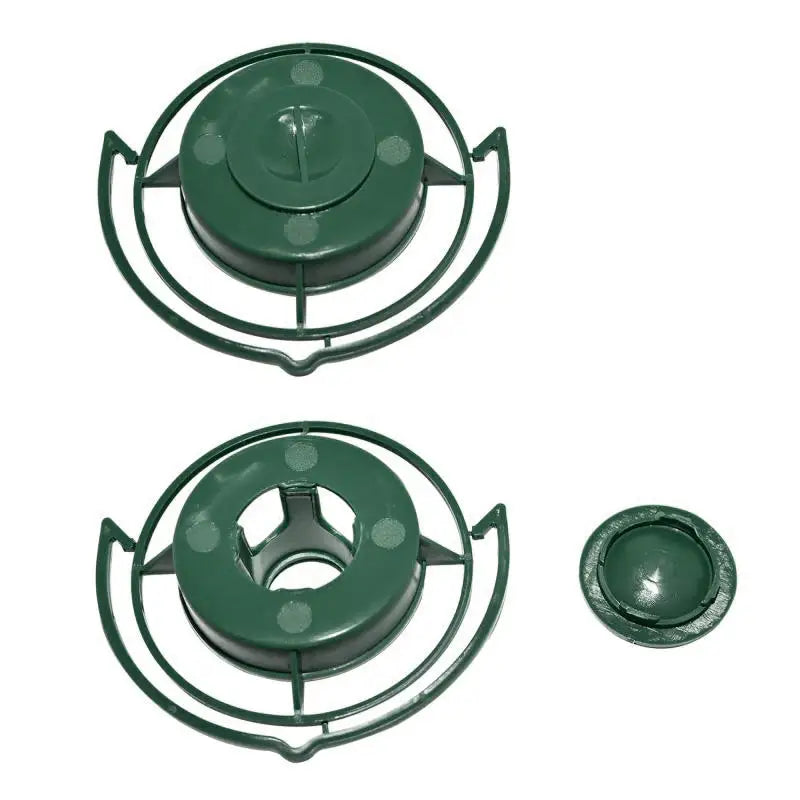 Two circular dark green plastic garden plant support rings with a detachable cap on a white background.