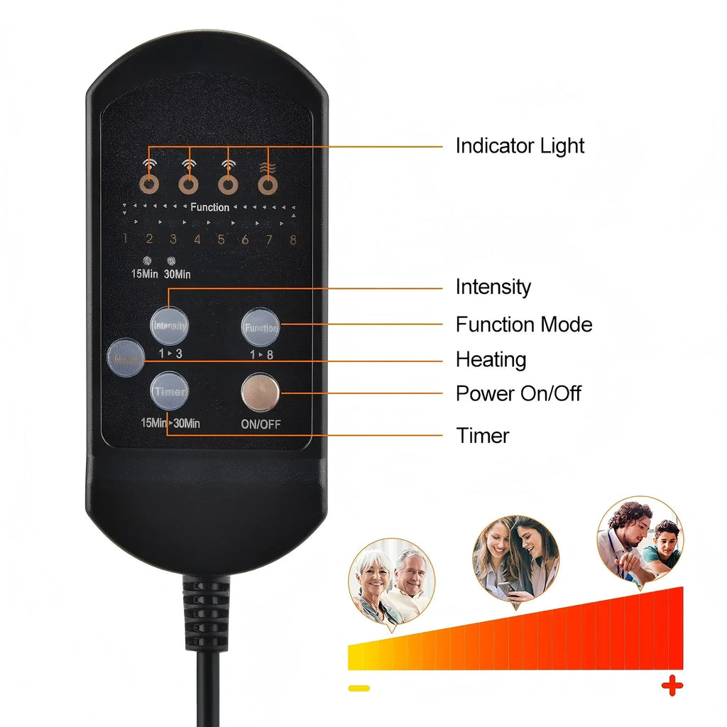 Black, handheld remote for a heated massage cushion featuring controls for intensity, function, heating, power and timer.