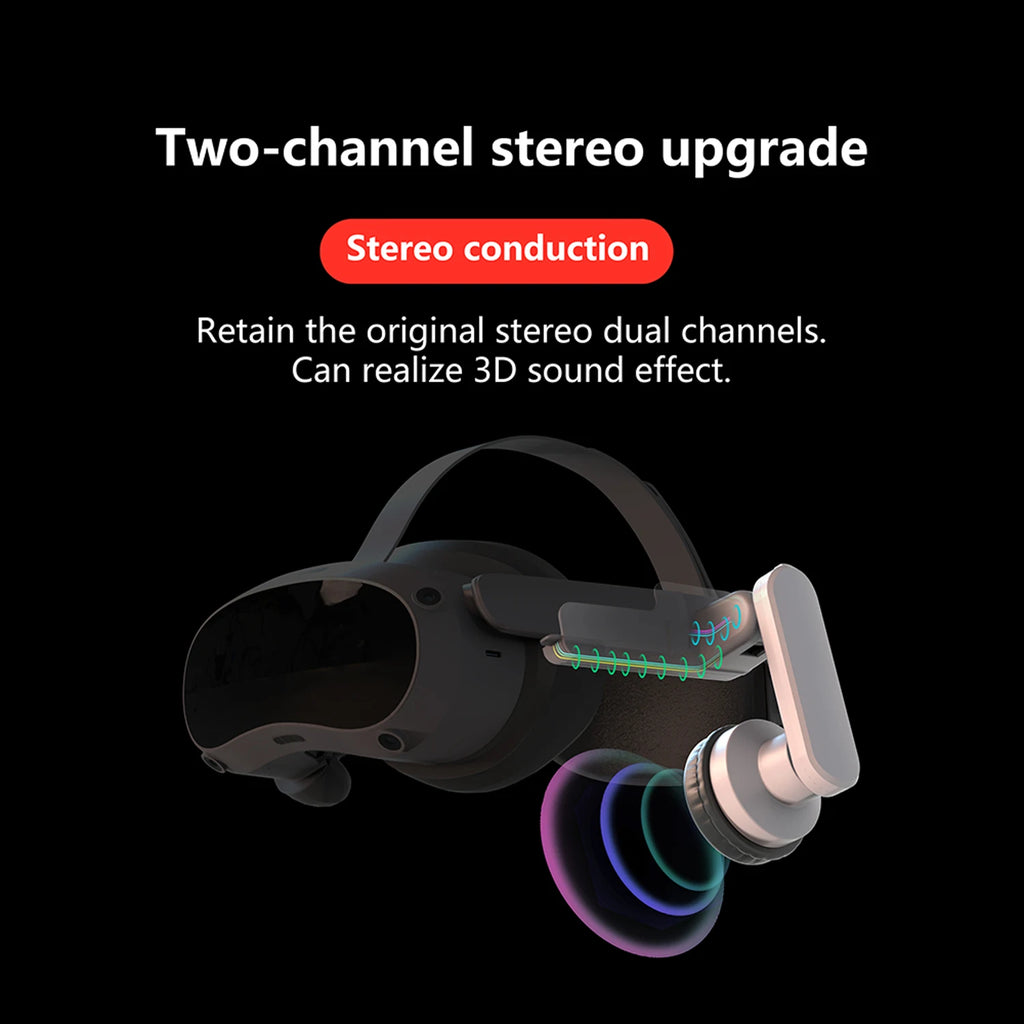 Black PICO 4 VR headset with grey, adjustable earmuffs attached to provide enhanced 3D stereo sound.