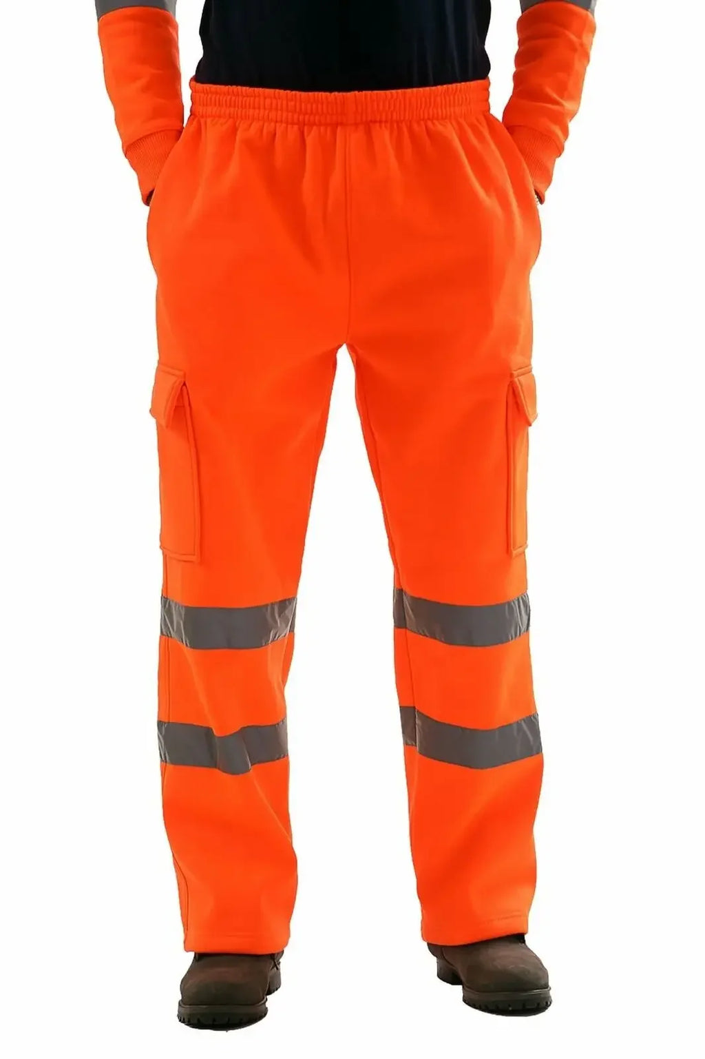 Men’s bright orange work joggers featuring two reflective strips on each leg and side cargo pockets with flaps.