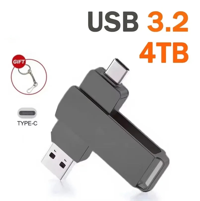 Dark grey 2-in-1 dual USB-C and USB-A flash drive with a free keyring attachment.
