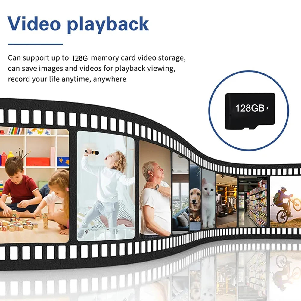 Black 128GB microSD memory card on a graphic showing a film strip with various photos of people, pets, and scenery.
