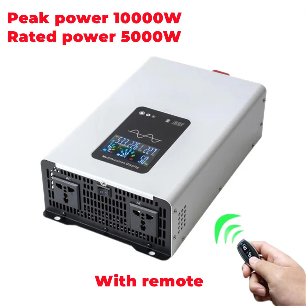 Silver pure sine wave power inverter with a digital display, two AC sockets, and a handheld remote control.