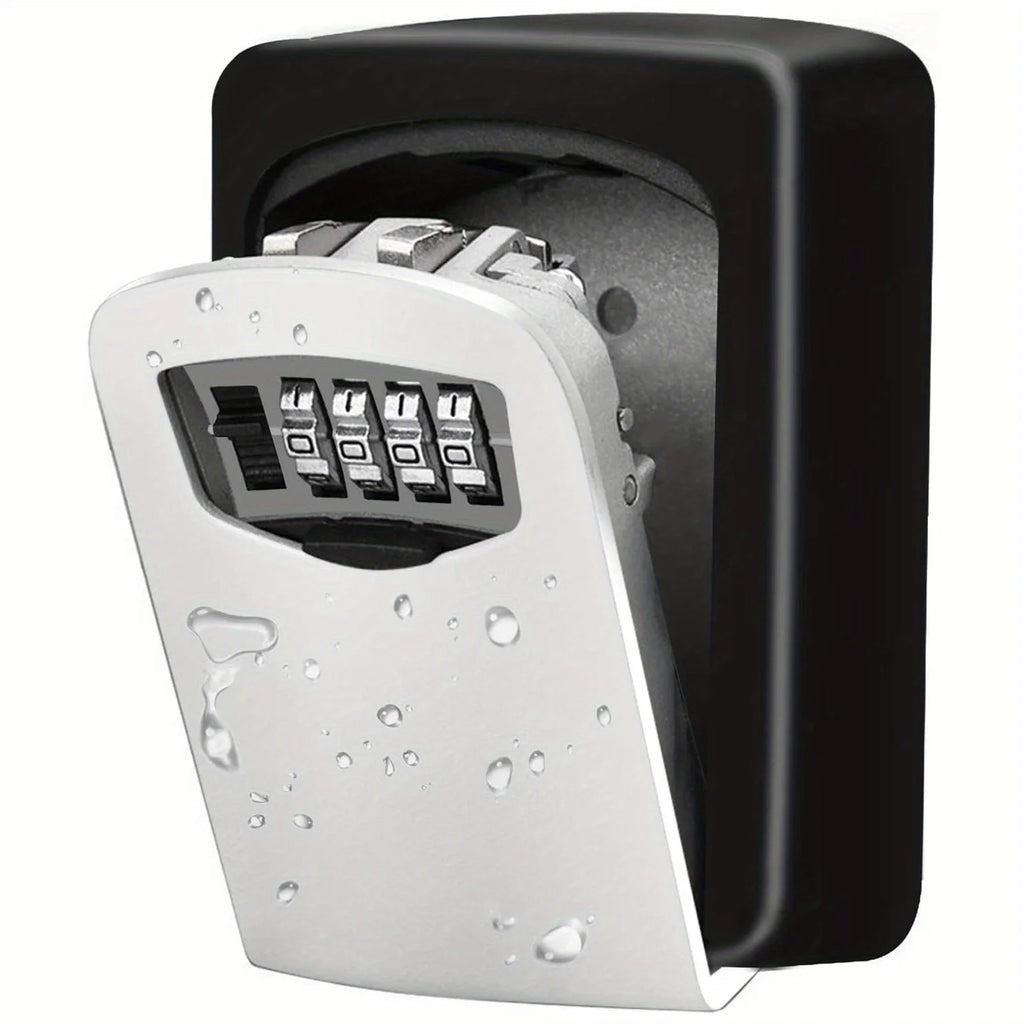 Black and silver metal wall-mounted key lock box with a four-digit combination dial and protective outer cover.