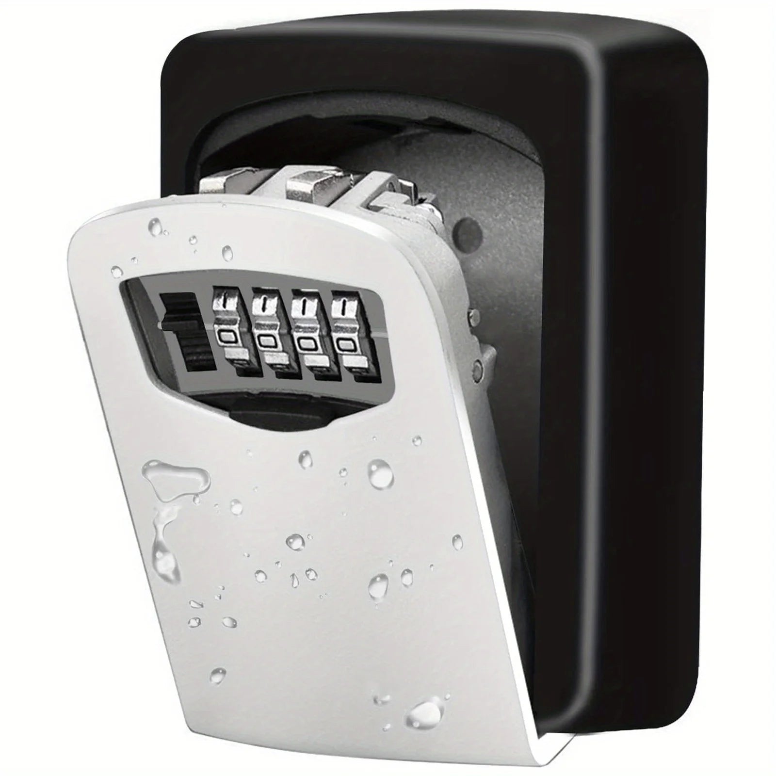 Black and silver metal wall-mounted key lock box with a four-digit combination dial and protective outer cover.
