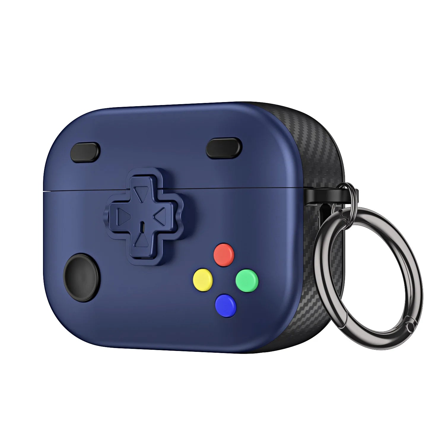 Blue gaming controller-style AirPods Pro case in carbon fibre effect with a keyring clip.