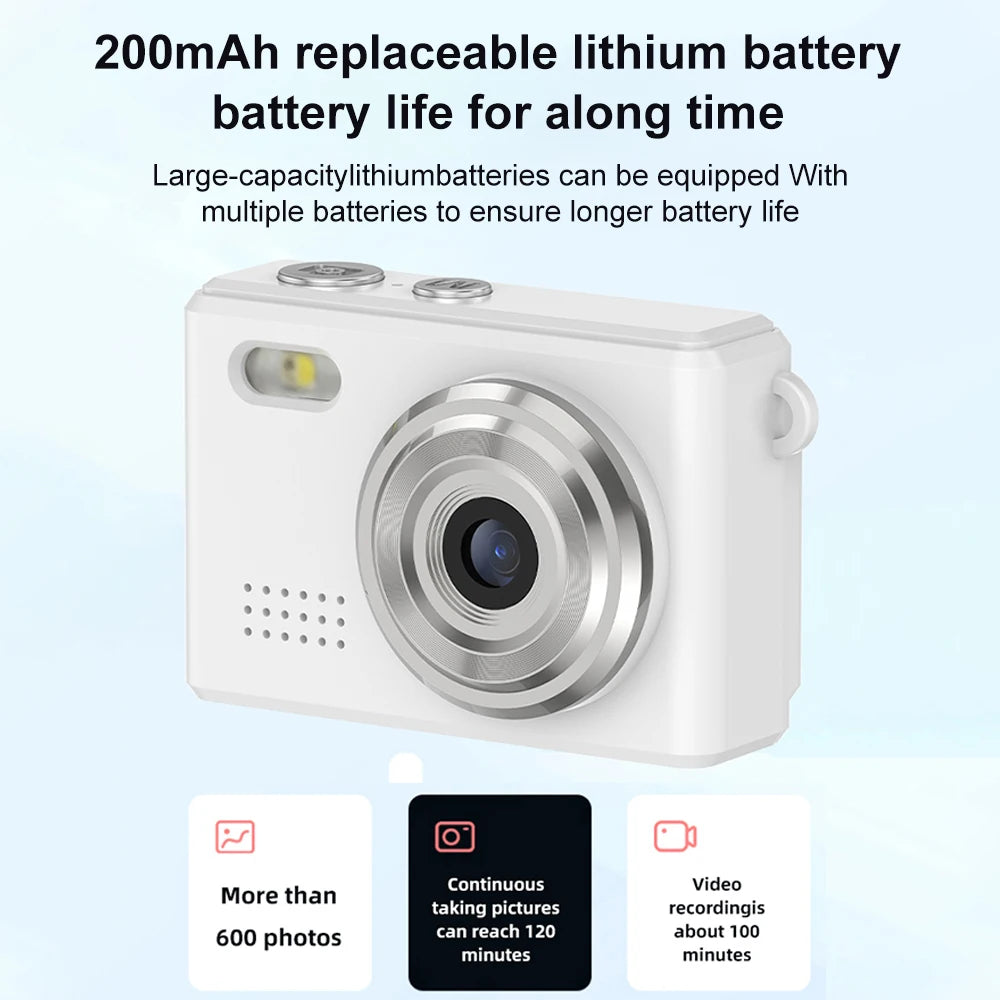White plastic digital camera with a silver lens, flash, and two top buttons.