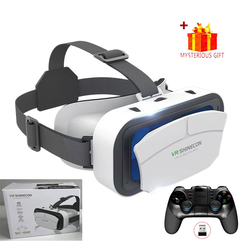 White and grey smartphone VR headset with adjustable head straps, handheld game controller, and a gift box.