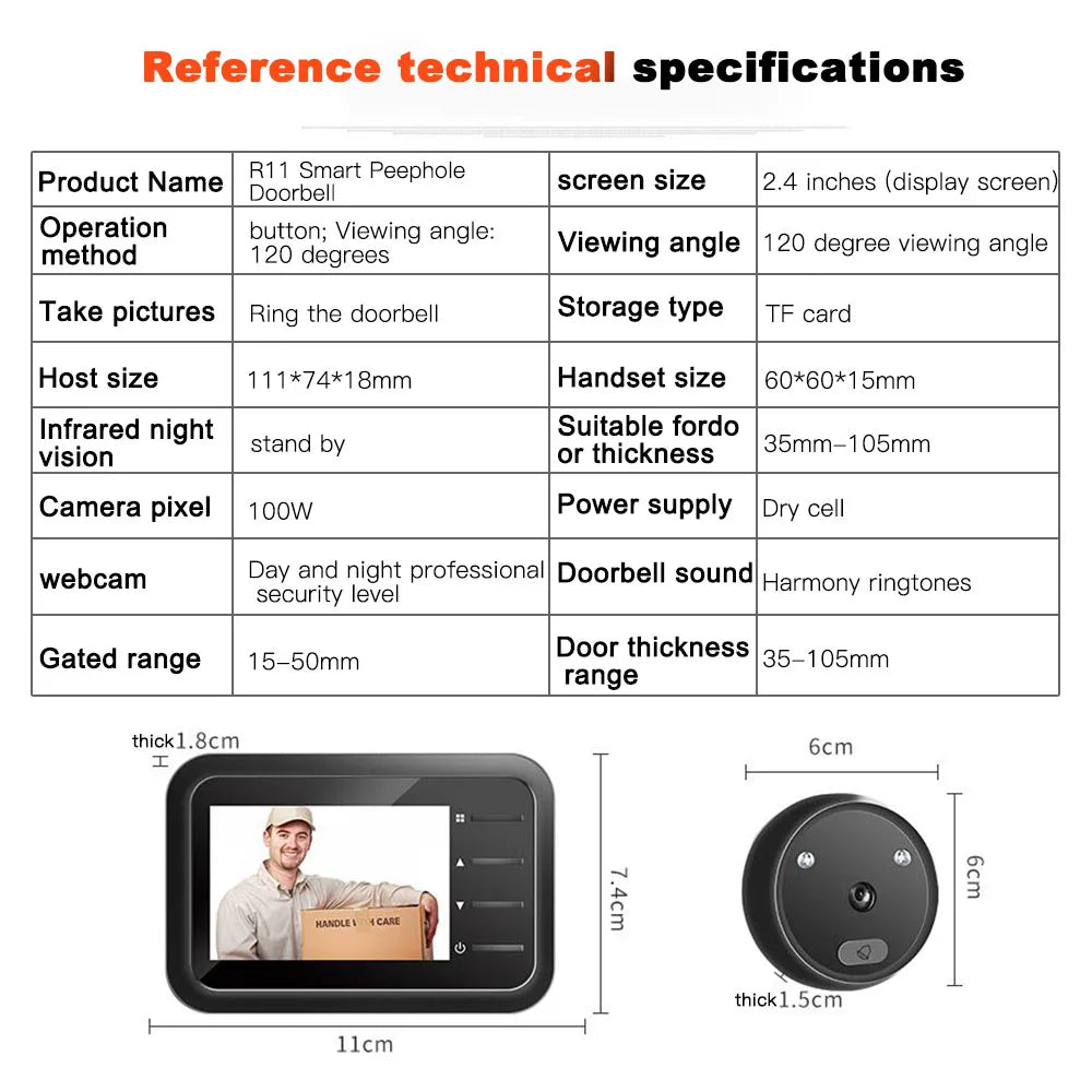 Black digital peephole camera with 2.4-inch LCD screen, round outdoor doorbell unit, and night vision capabilities.