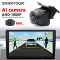Black 1080P fisheye reversing camera with speaker, showing a screen display with AI object detection overlays.