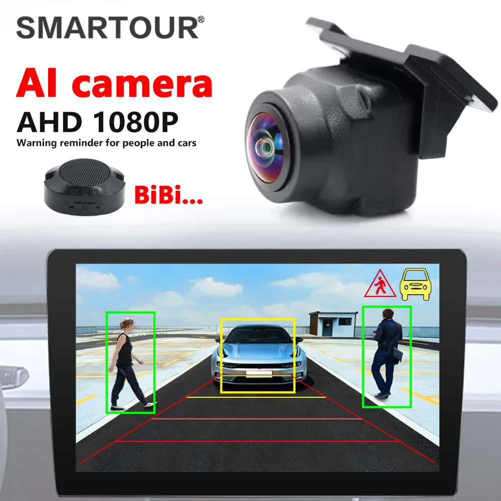 Black 1080P fisheye reversing camera with speaker, showing a screen display with AI object detection overlays.
