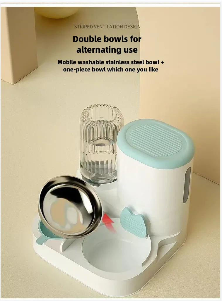 White and blue automatic pet feeder with a removable stainless steel bowl and integrated water bottle.
