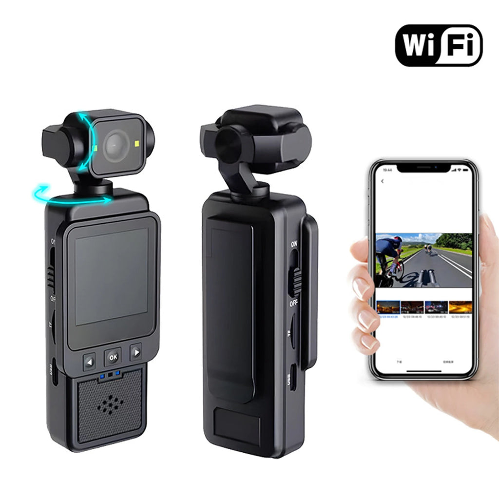 Black handheld mini gimbal camera with screen, rotating lens, and Wi-Fi connectivity to a smartphone app.