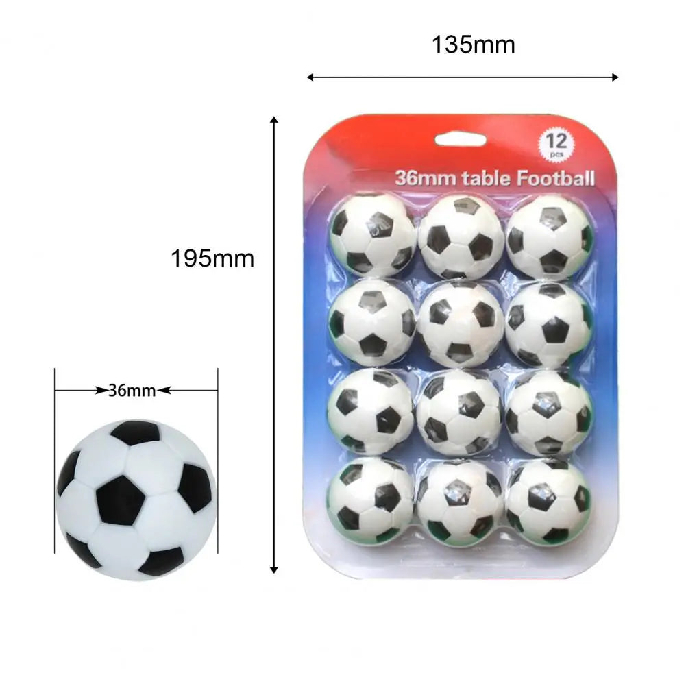 Pack of 12 black and white 36mm table football balls in clear plastic blister packaging with measurement labels.