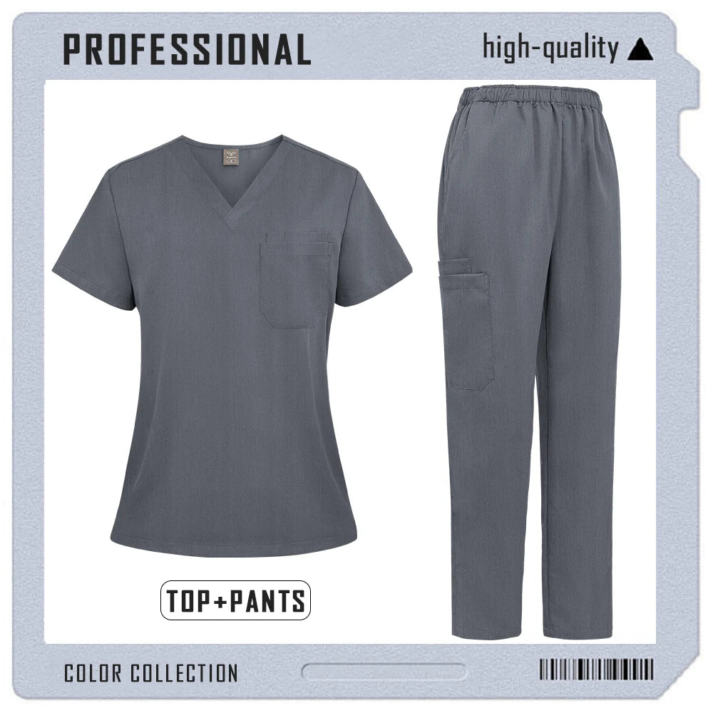Dark grey unisex medical scrub set with V-neck top, chest pocket, and elasticated trousers with a side cargo pocket.