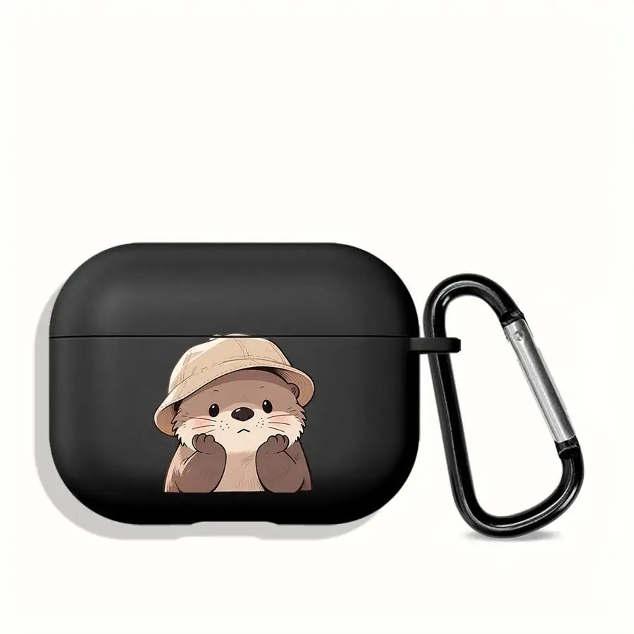 Black silicone AirPods Pro case featuring a cute otter in a hat, complete with a matching black carabiner clip.