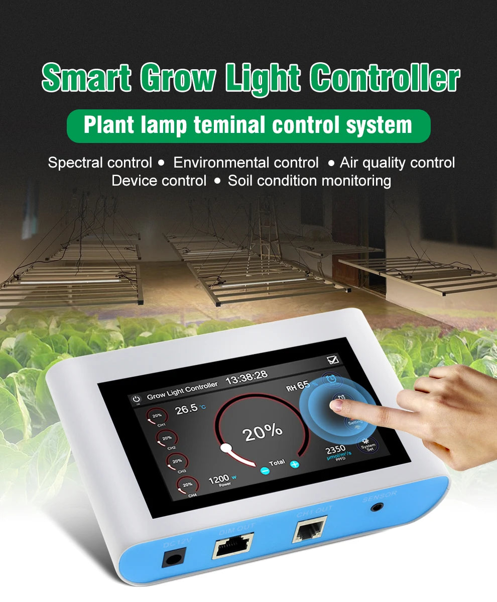 White smart grow light controller with 4.3-inch touch screen displaying light settings, plus ports on a blue base.