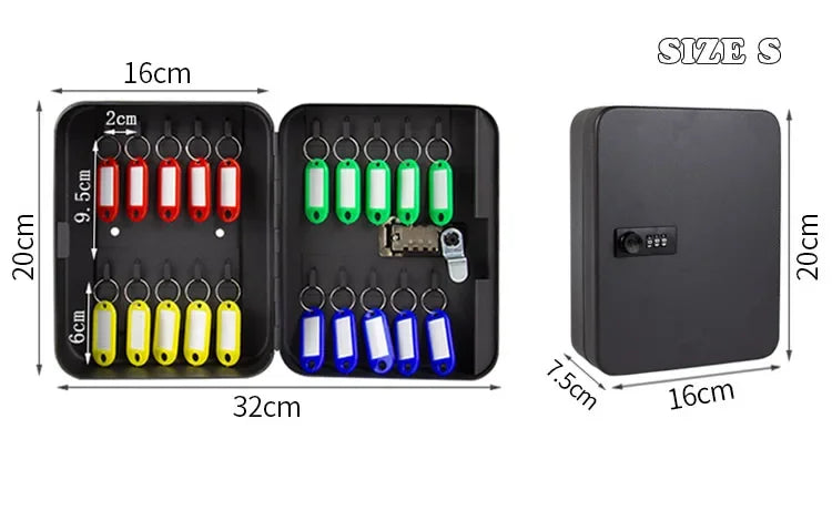 Small black metal key cabinet with combination lock, featuring 20 hooks and colorful numbered key tags.