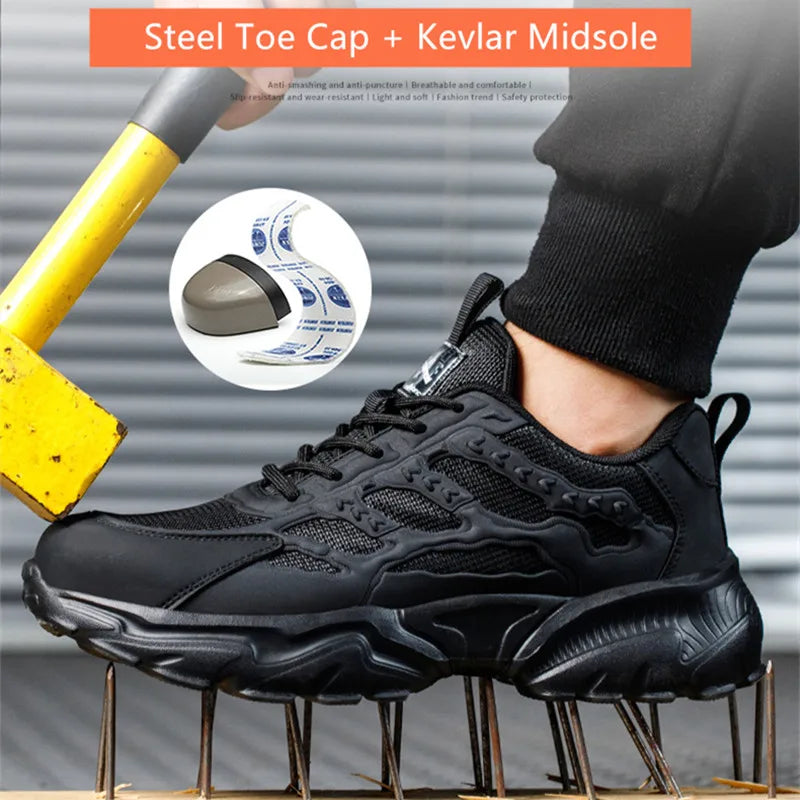 Black lightweight safety work shoe with steel toe, standing on nails with hammer striking it.