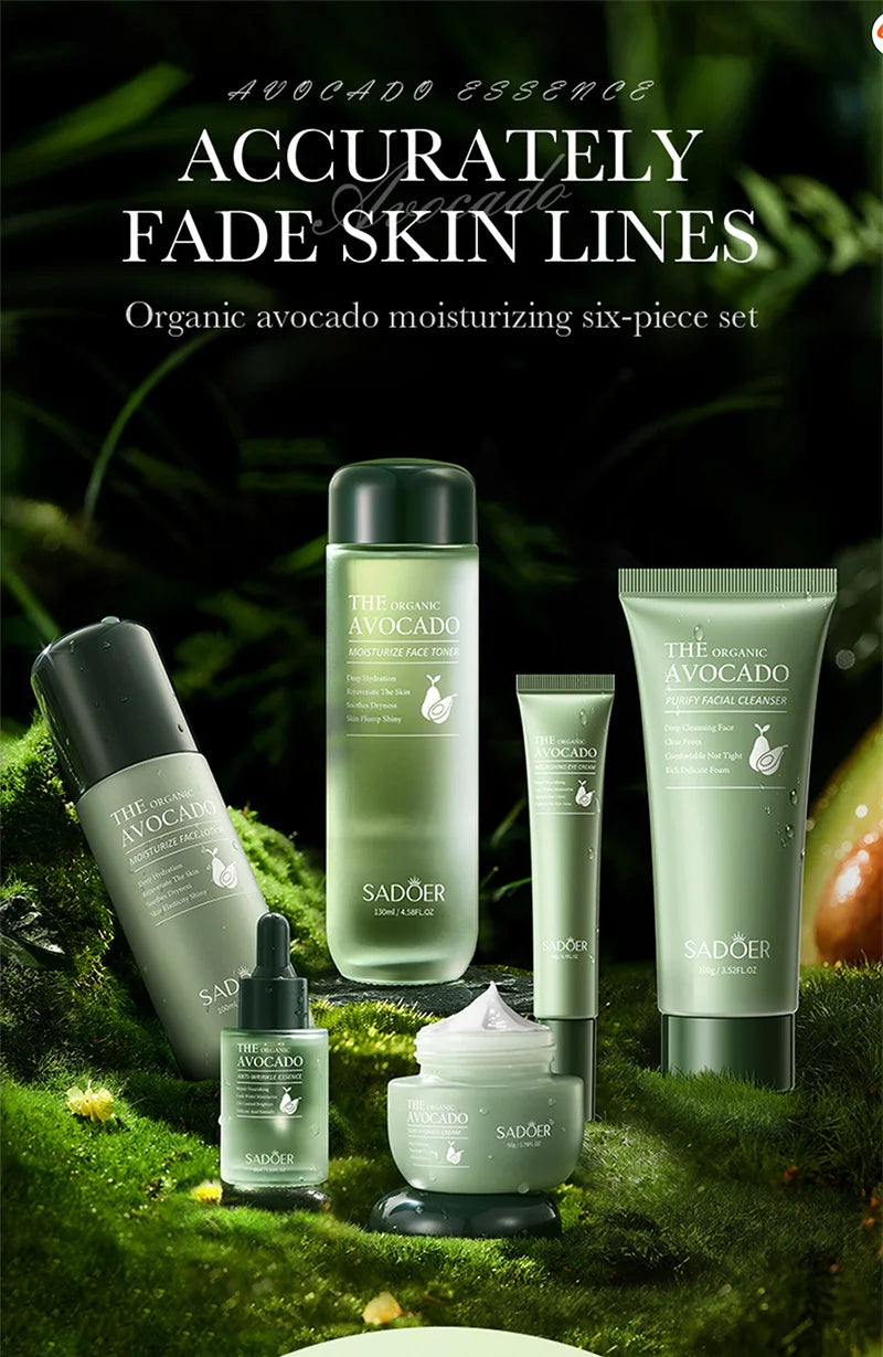 Six-piece avocado moisturizing skincare set in varying shades of green, arranged on a mossy surface.