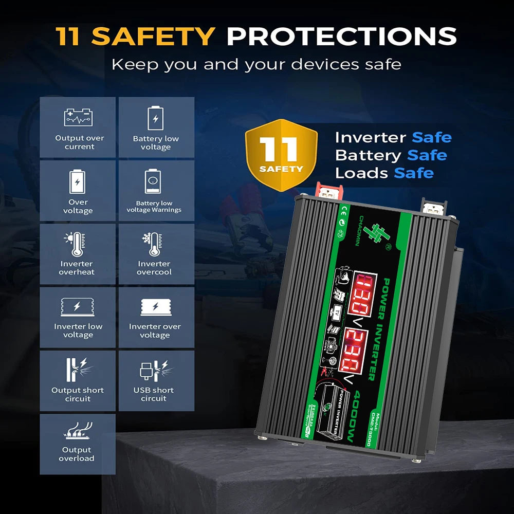 Black and green 400W power inverter with LED display, highlighting 11 safety protection features for vehicle use.