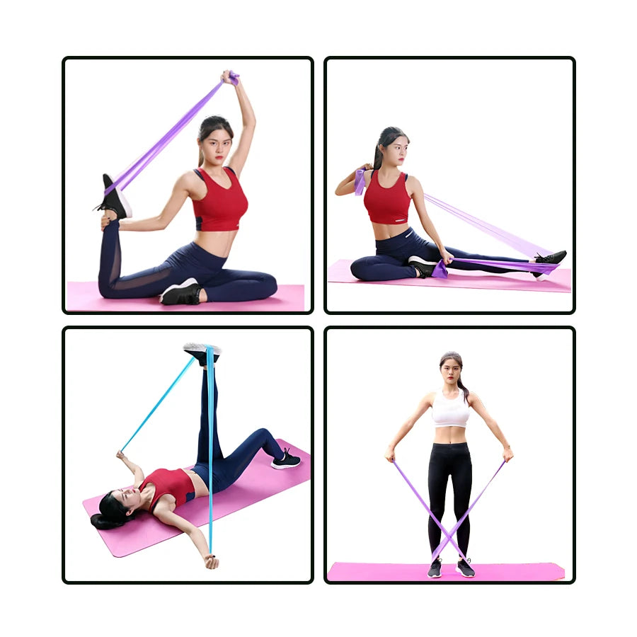 A woman in sportswear demonstrates exercises using flat purple and blue resistance bands on a pink yoga mat.