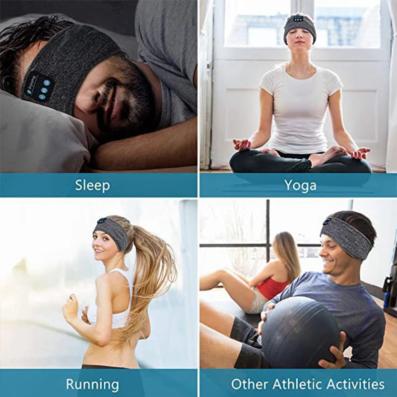 Grey soft-fabric Bluetooth music headband and sleep mask, shown being worn for sleeping, yoga, running, and exercise.