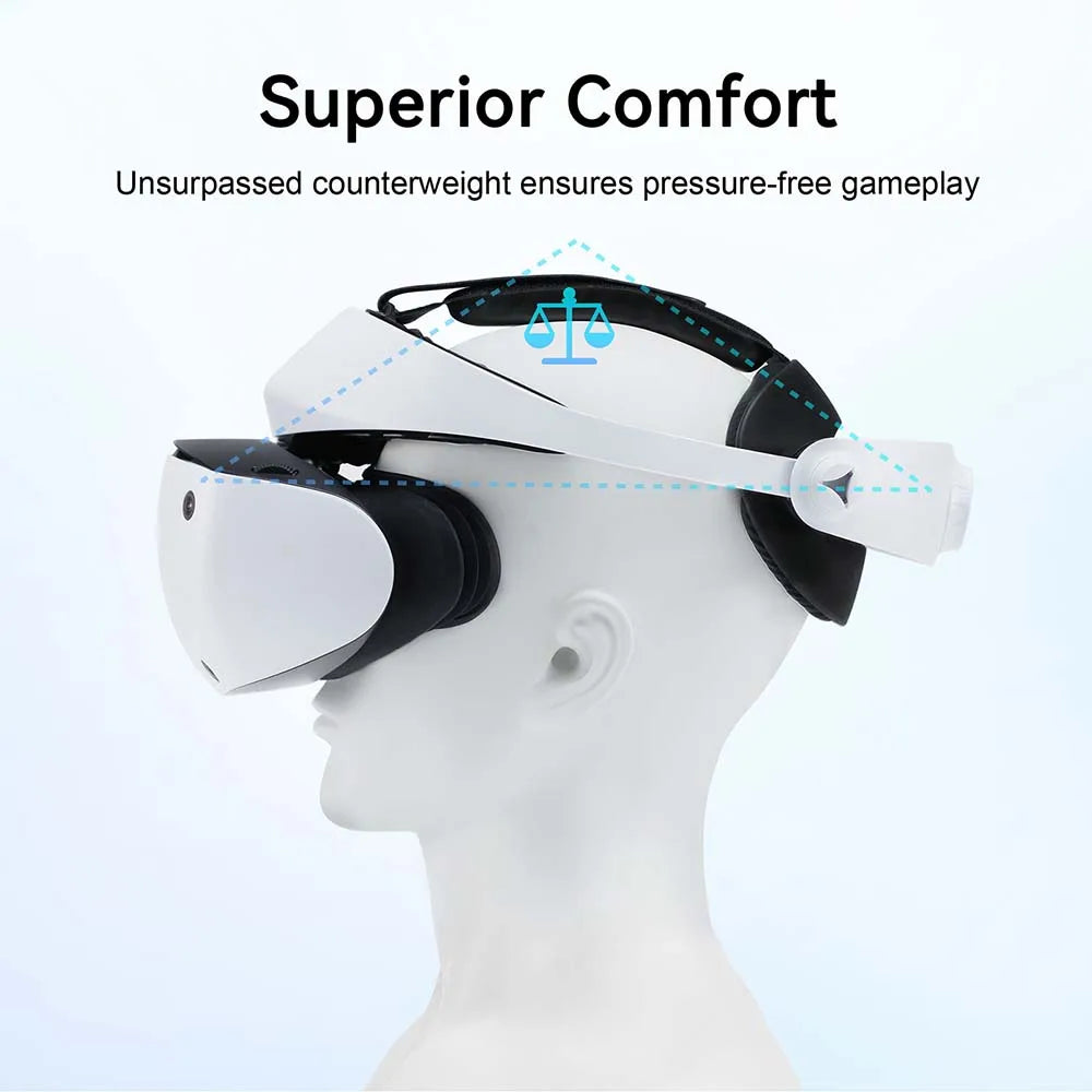 AMVR black comfort kit on a white VR headset, showing padded forehead support and back cushion worn on a mannequin.