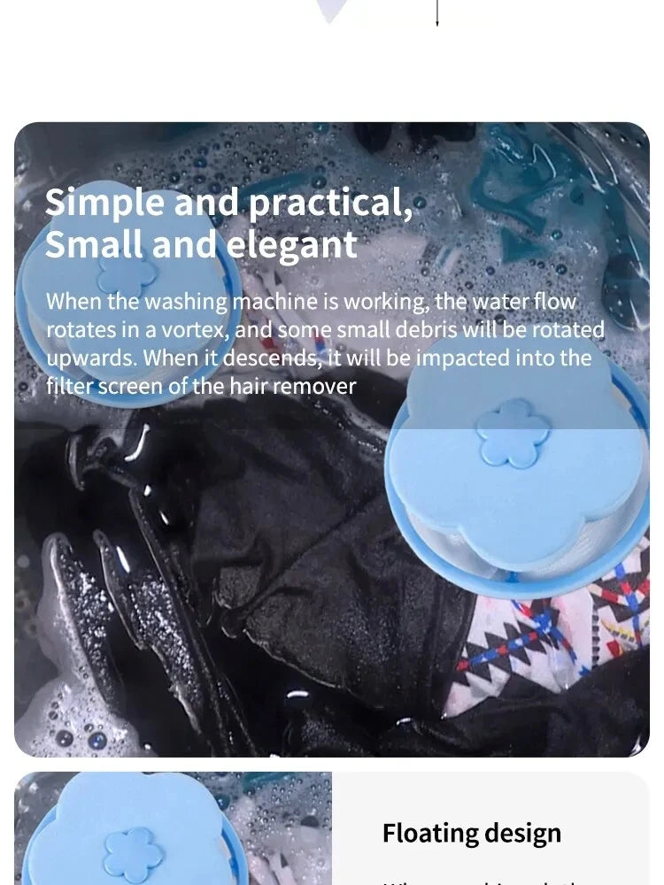 Two light blue, flower-shaped floating mesh laundry filters inside a washing machine with water and laundry.