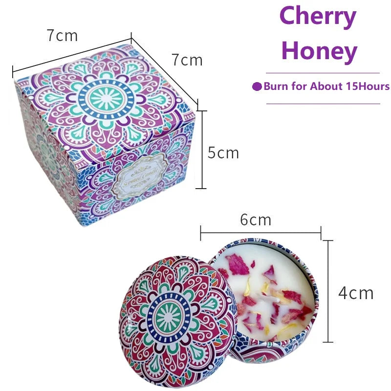 Cherry Honey scented candle in a decorative mandala-patterned tin and matching square gift box. 15-hour burn time.