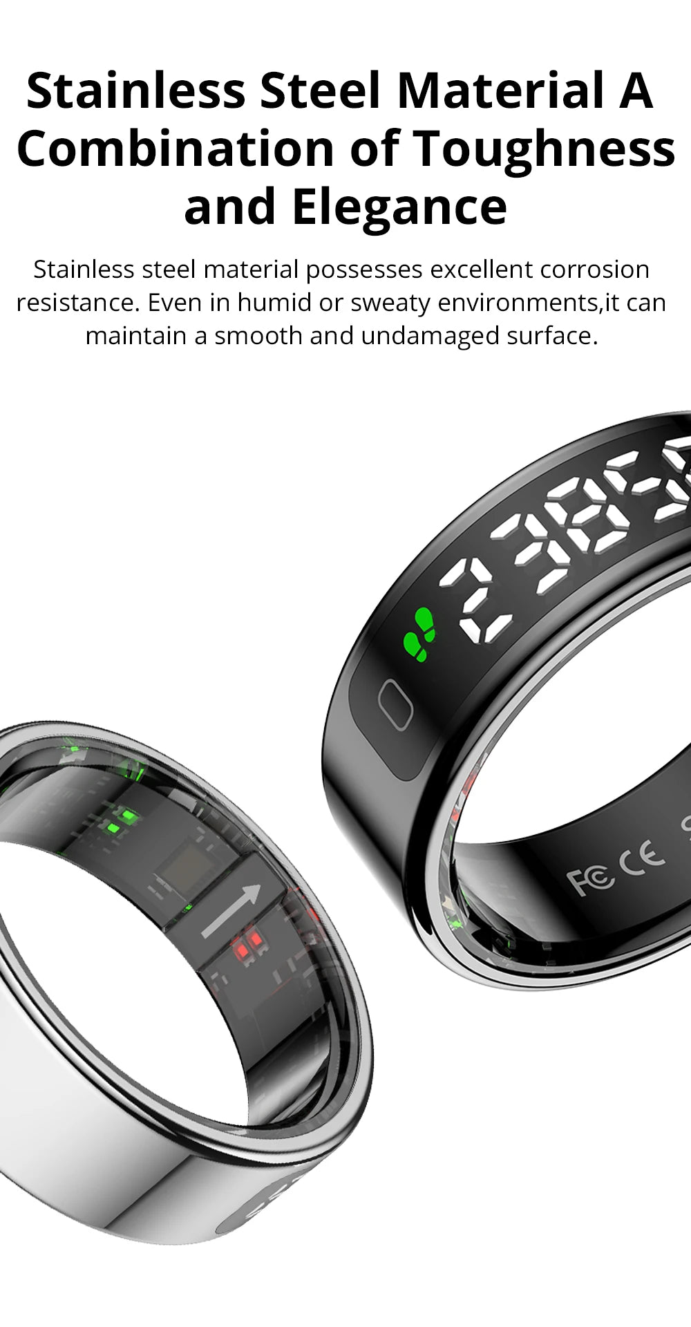 Sleek black stainless steel smart ring featuring a digital display for step counting and built-in health sensors.