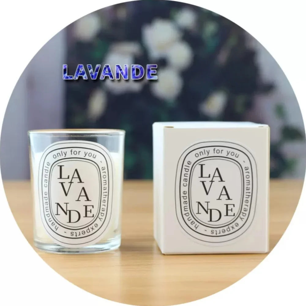 Glass aromatherapy lavender candle with matching white box, featuring elegant minimalist black text labelling.