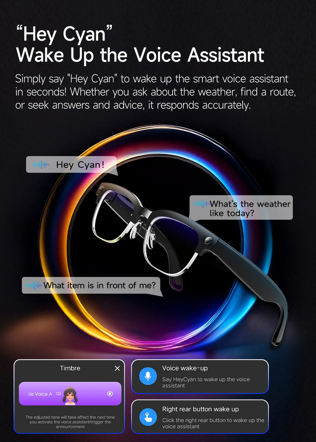 Stylish black smart glasses featuring an integrated AI voice assistant, recording camera, and translation capabilities.