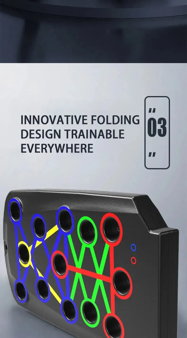 Black foldable push-up board with colour-coded workout lines in red, blue, green, and yellow on a grey background.
