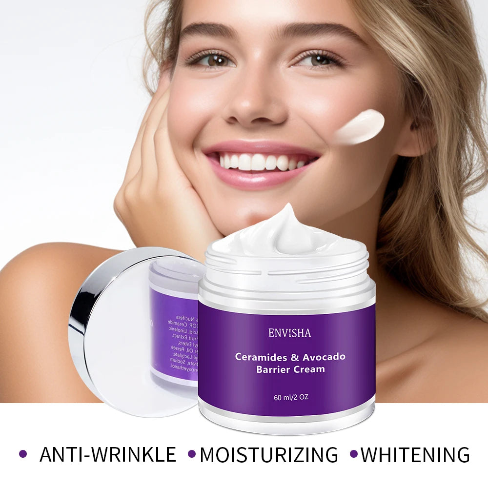 Jar of white ceramides and avocado barrier cream with a purple label, shown with a smiling woman.