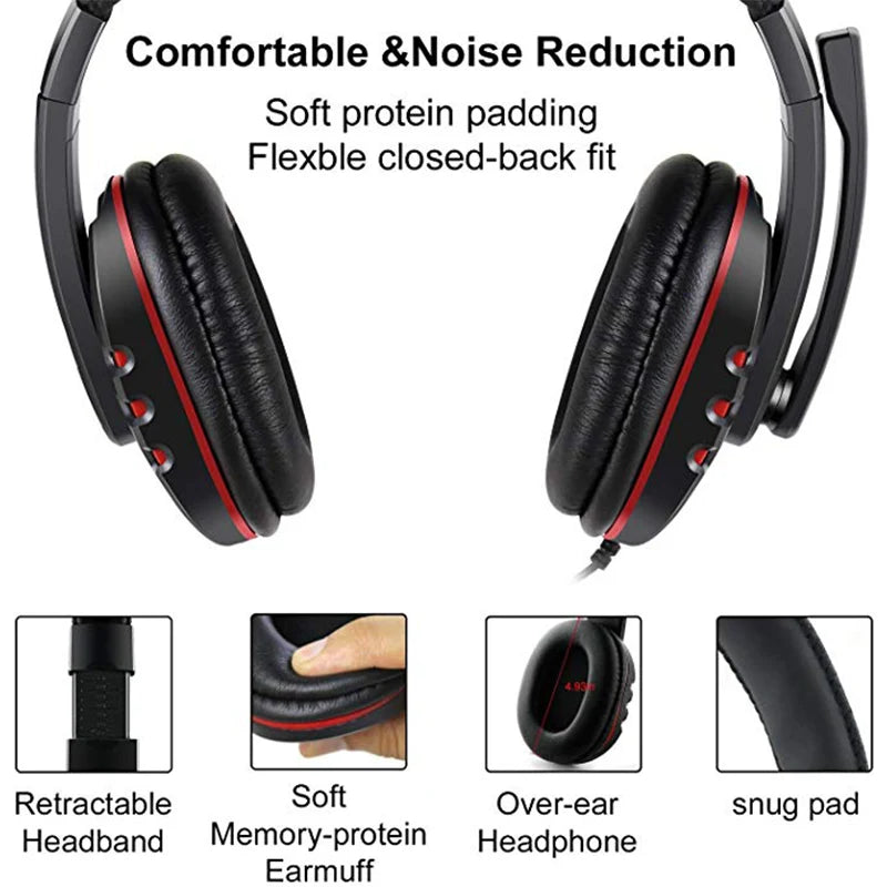 Black wired gaming headset with red accents, soft memory-protein ear cushions, adjustable headband and microphone.