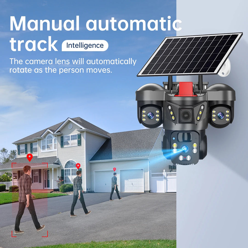 A multi-lens security camera with a solar panel tracks a person walking near a house in an overlay graphic.