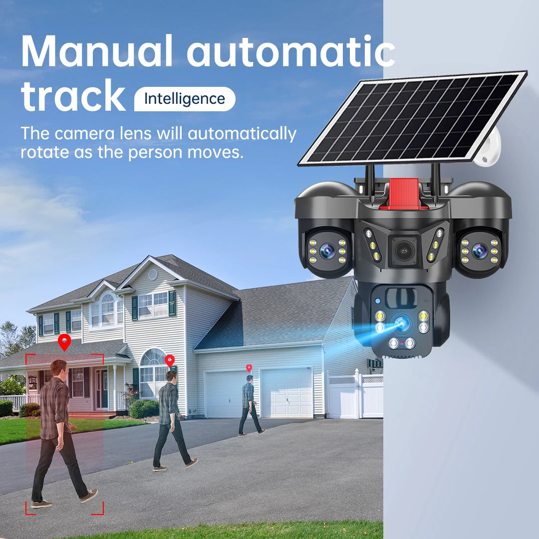 A multi-lens security camera with a solar panel tracks a person walking near a house in an overlay graphic.