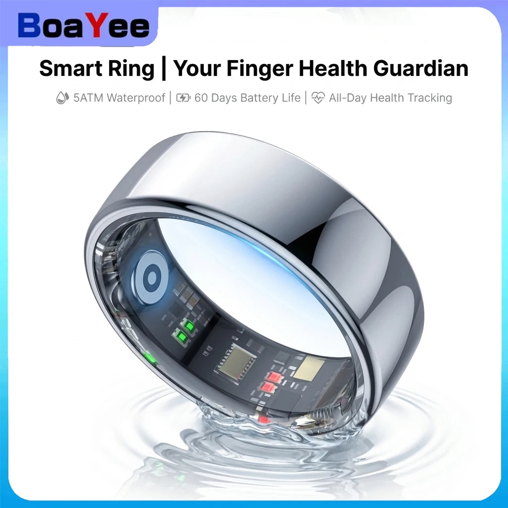Sleek silver smart health tracking ring, showing internal sensors and circuitry, resting in water.