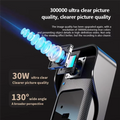 Smart black video doorbell with an exploded view of its lens and sensor. Highlights wide-angle lens and clear quality.