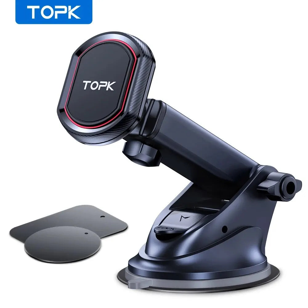 Black magnetic car phone mount with adjustable arm and suction cup base, including two metal mounting plates.