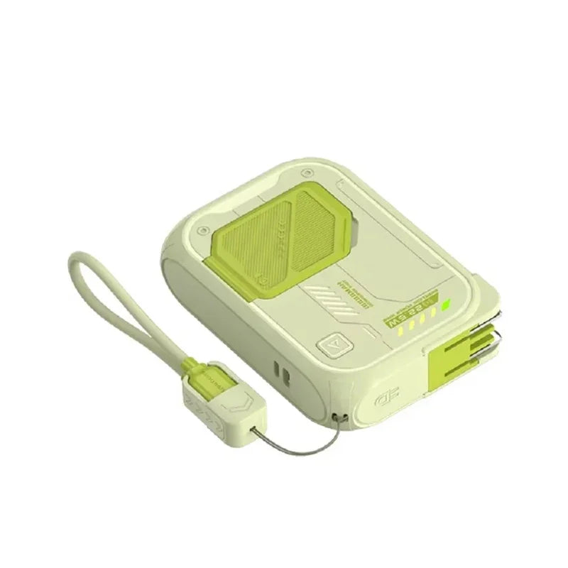 Pale green and lime magnetic wireless power bank with a fold-out phone stand and matching carry loop.