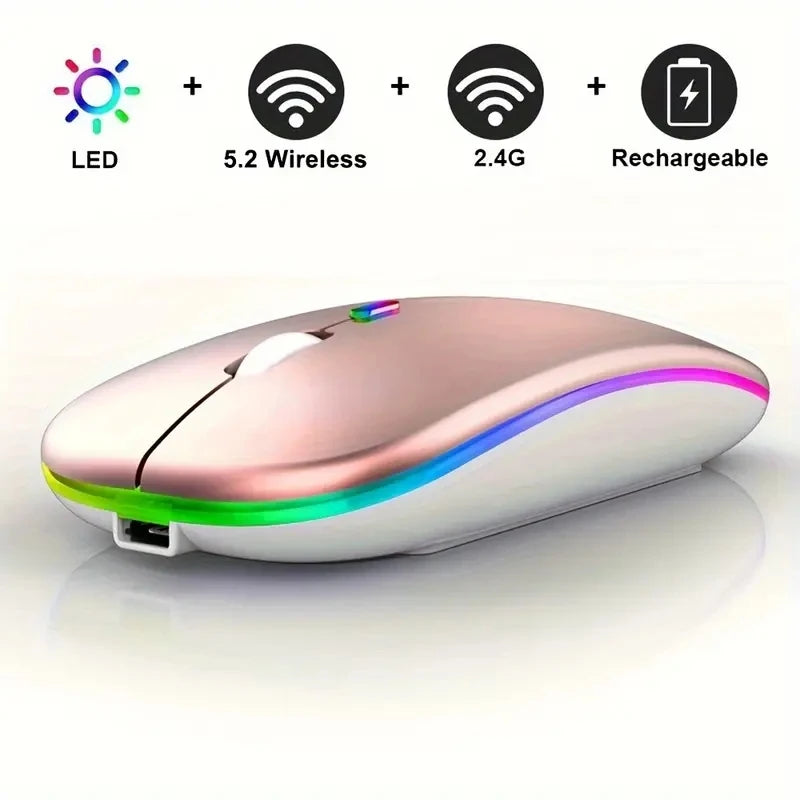 Rose gold, slim wireless mouse with RGB lighting, rechargeable battery, and dual 2.4G and Bluetooth connectivity.